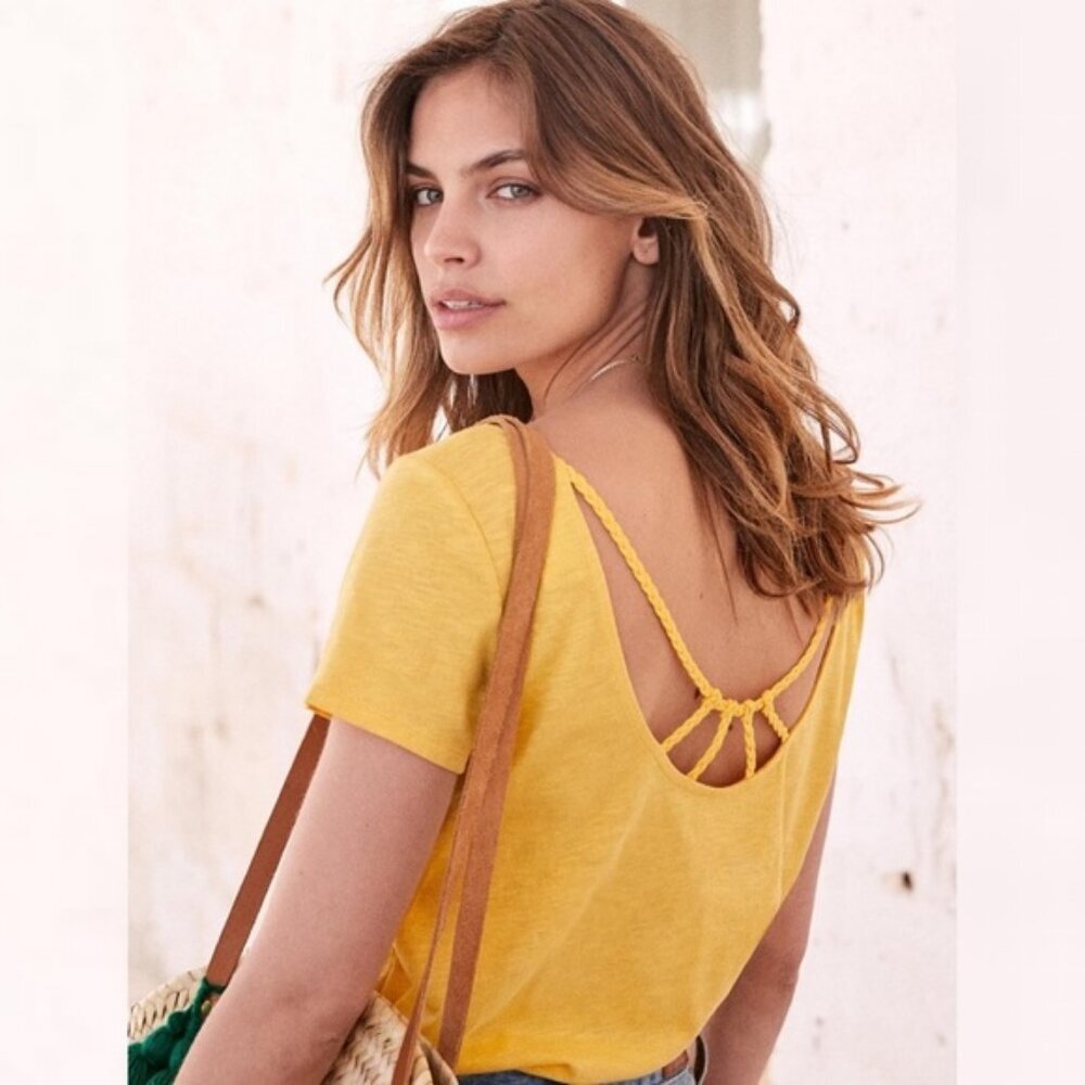 Sezane Luigi T-Shirt Sunset Yellow Size Small Back Cutout Braided Short Sleeve - Picture 1 of 11
